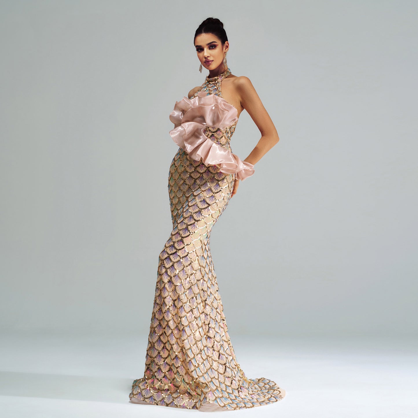 Sexy Champagne High-Waist Long Dress – Hip Skirt with Sequins, S–XL
