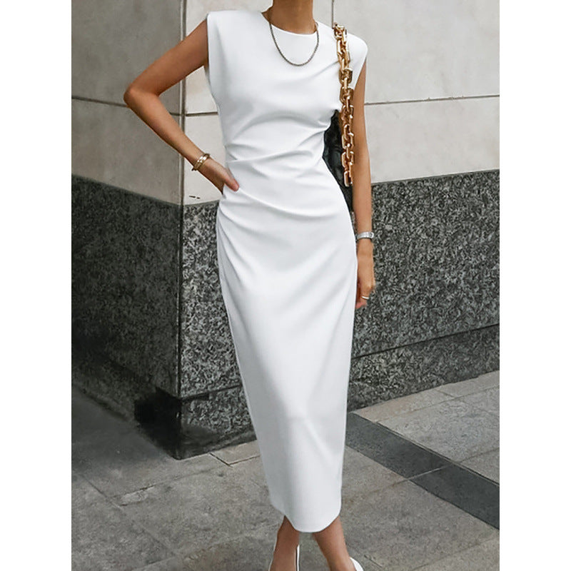 White High Waist Tight Skirt Dress – Zipper Detail Long Dress