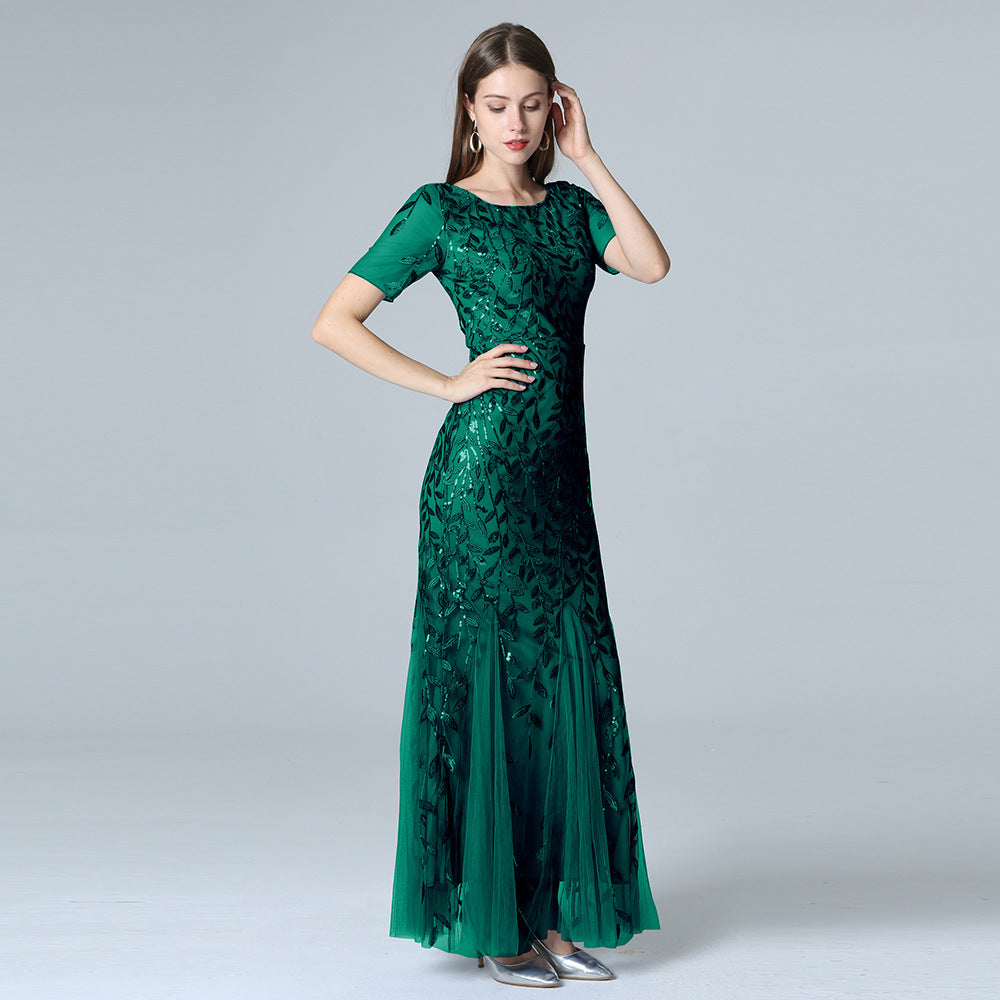 Elegant Lace & Embroidered Round Neck Floor-Length Dress