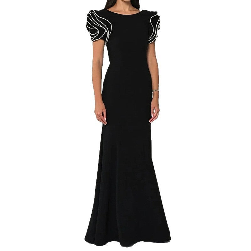 Black Fishtail Polyester Dress with Folding Details – S to XL