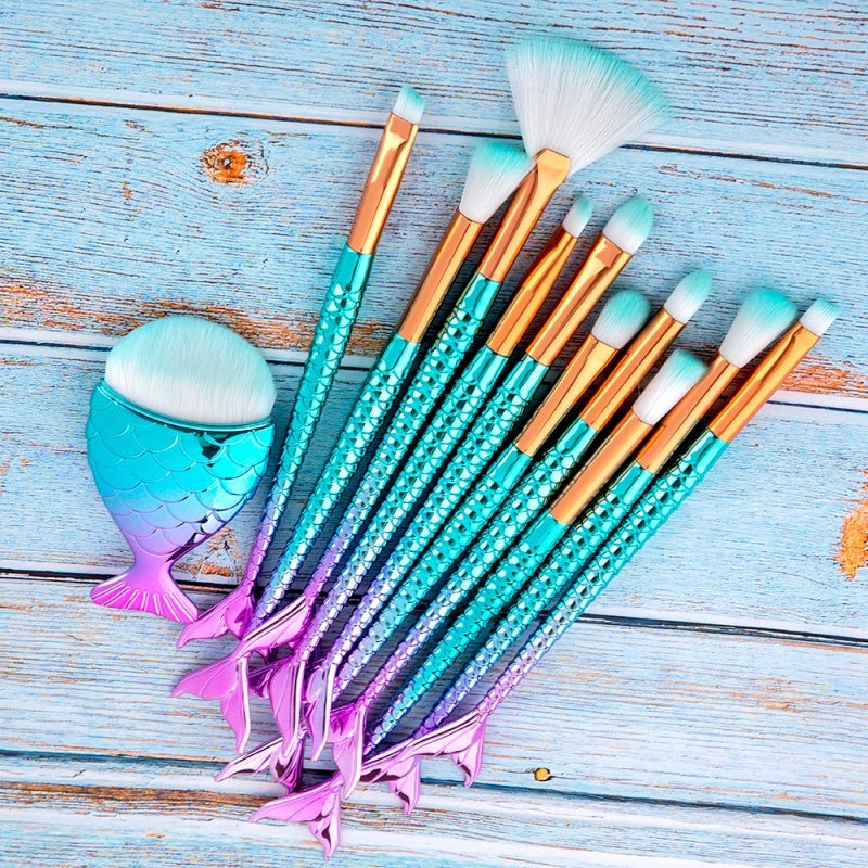 Mermaid Shaped Makeup Brush Set – 11pcs Cosmetic Brushes Kit
