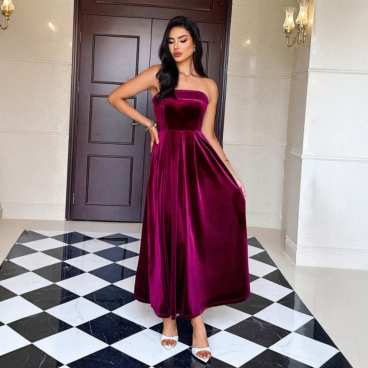 Solid Color Sleeveless Midi Dress – Elegant Mid Waist Party Dres