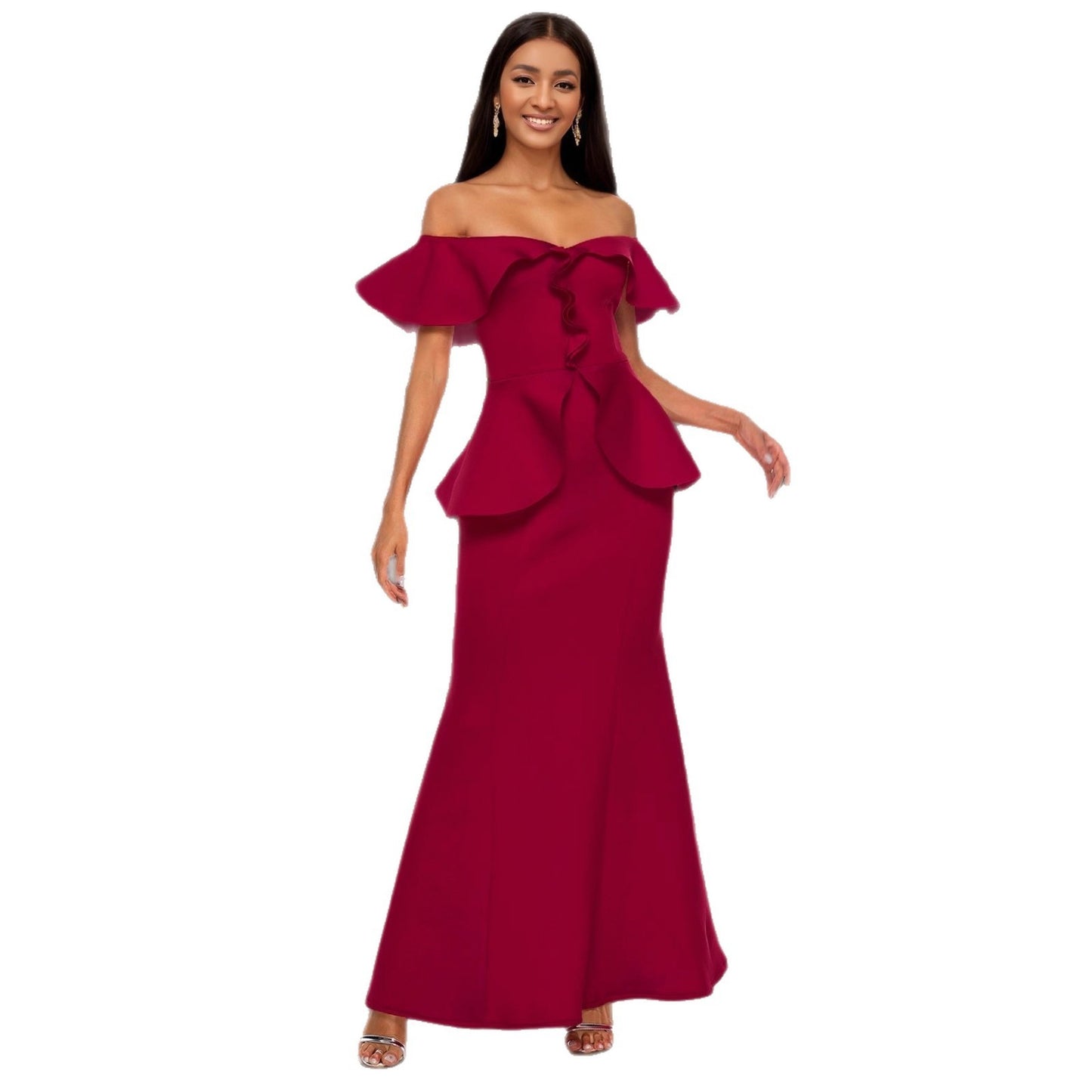Elegant Red Fishtail High-Waist Tube Dress with Ruffle Sleeves – S to XXL