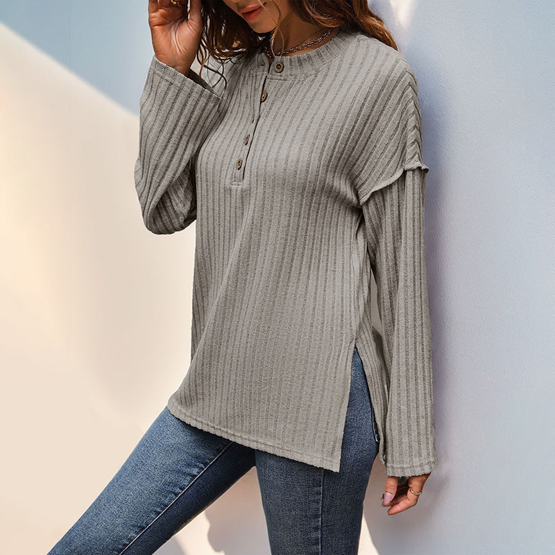 Women’s Khaki Pullover T-Shirt – Japanese Korean Casual Style with Button Detail