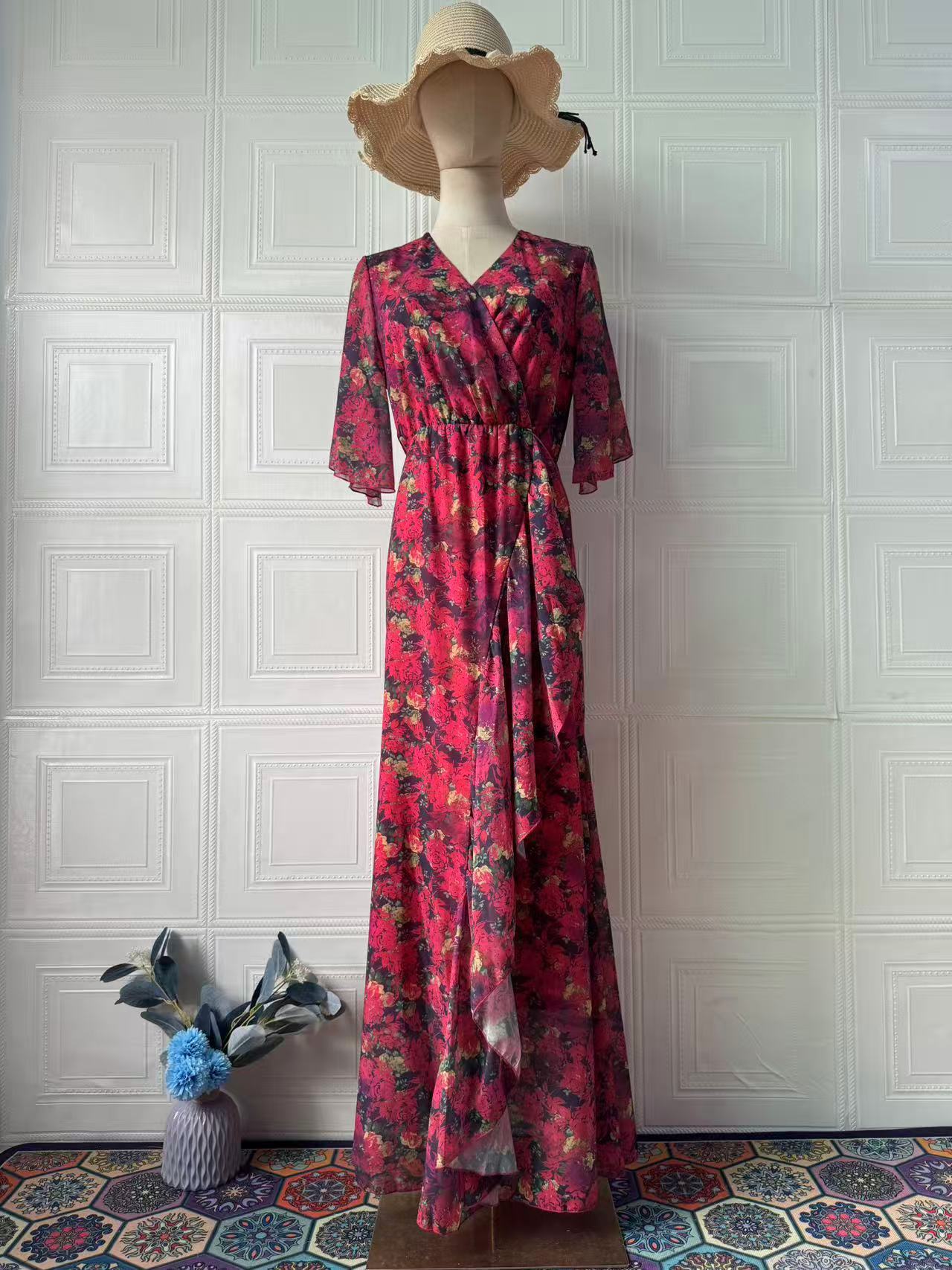 Women's Red Floral Ruffle Sleeve Dress – Sexy Spliced Summer Style