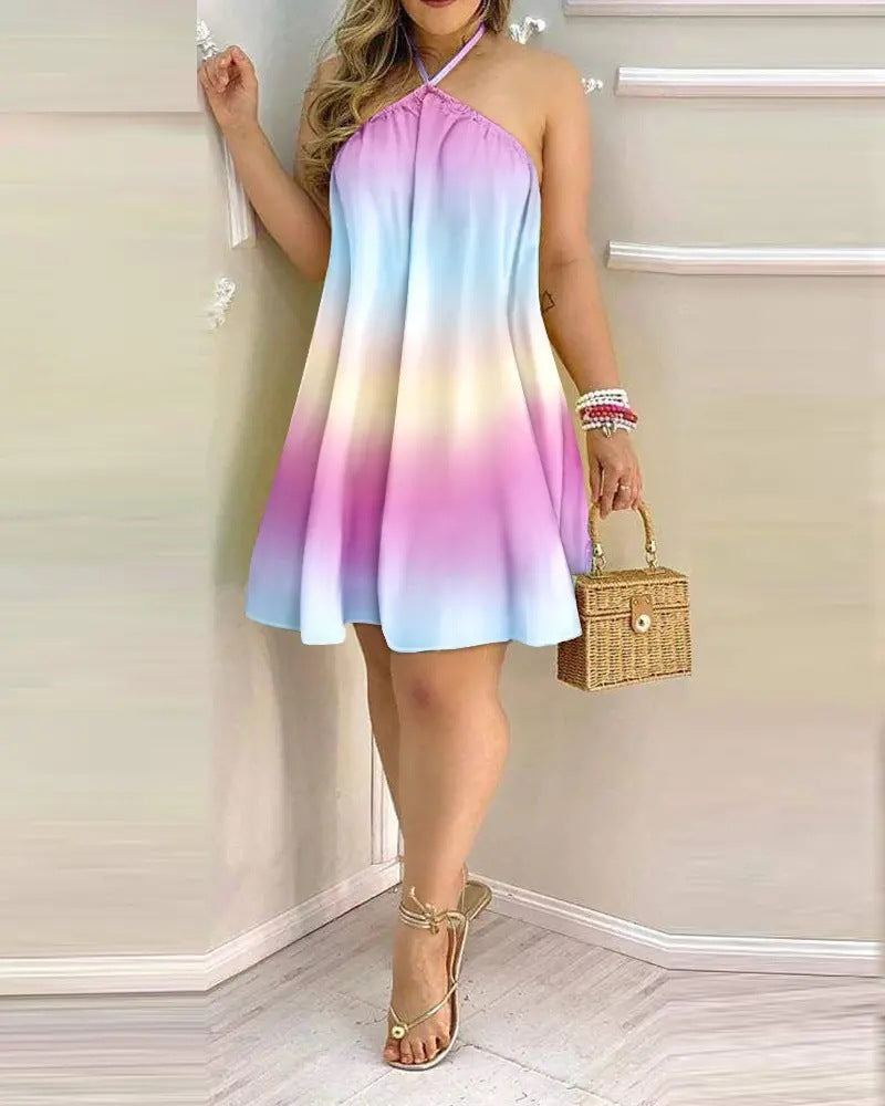 3D Print Gradient A-Line Dress – Nature-Inspired Mid Skirt with Loose Waist