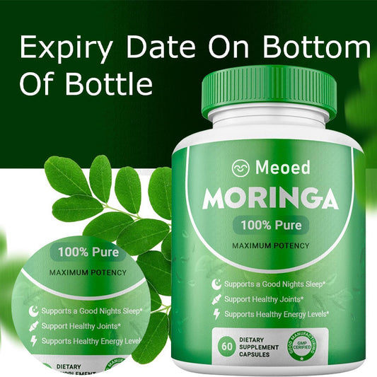 Moringa Leaf Capsules – natural herbal supplement rich in vitamins and antioxidants. Supports immunity, energy, and daily wellness. 100% pure moringa leaves.