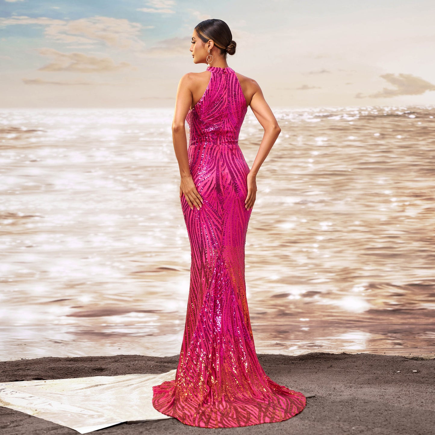 Elegant Rose Red Sequin High-Waist Long Dress