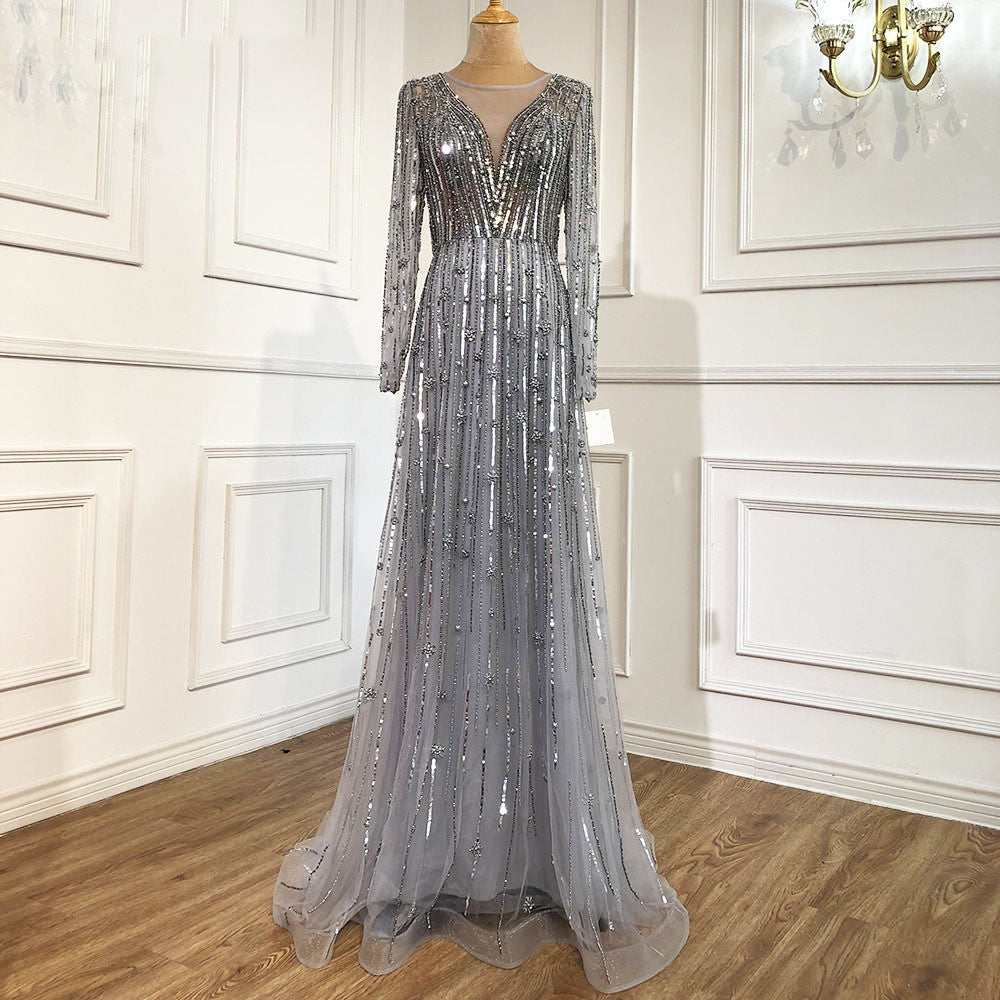 V-Neck Knitted & Organza Long Sleeve Dress – Gray, Brown, Gold, Aqua Blue