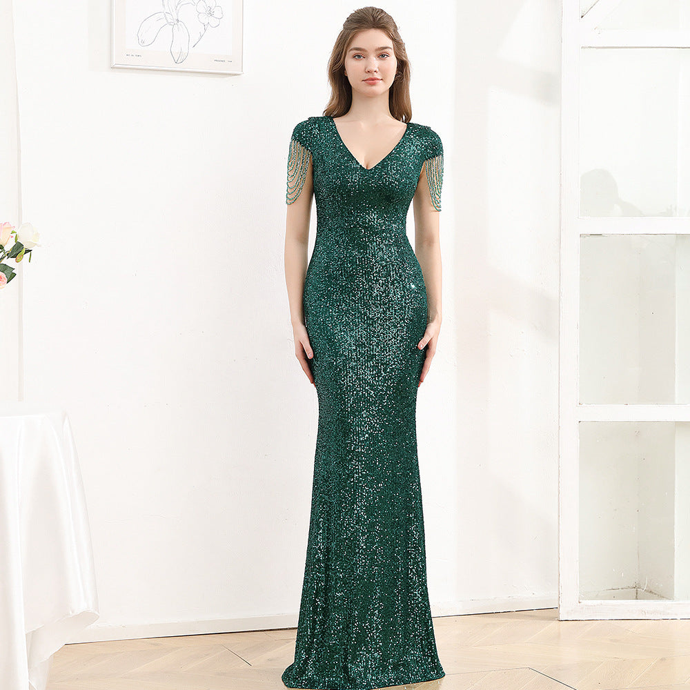Short Sleeve Rhinestone Performance Dress – Champagne, Silver, Black, Purple, Blue, Wine Red, Dark Green