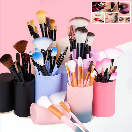 Shop 12pcs Makeup Brush Set with Barrel Box. High-quality rayon bristles, stylish design, and durable storage case. Perfect for professional or daily makeup use.