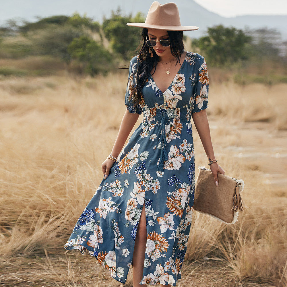 Printed V-Neck Midi Dress – High Waist Flowy Hem Dress with Short Sleeves