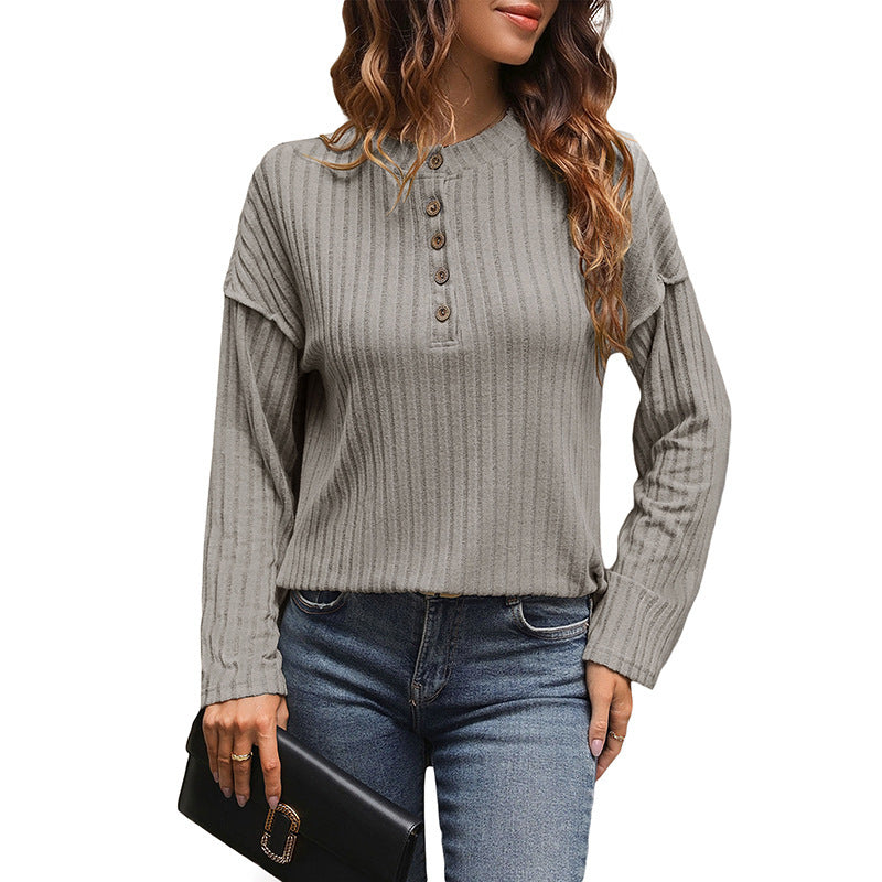 Women’s Khaki Pullover T-Shirt – Japanese Korean Casual Style with Button Detail