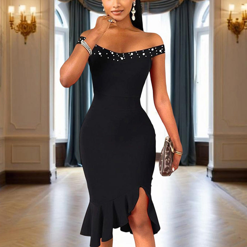 Women's Beaded Off-Shoulder Bodycon Dress – Ruffle Hem High-Slit Midi Dress