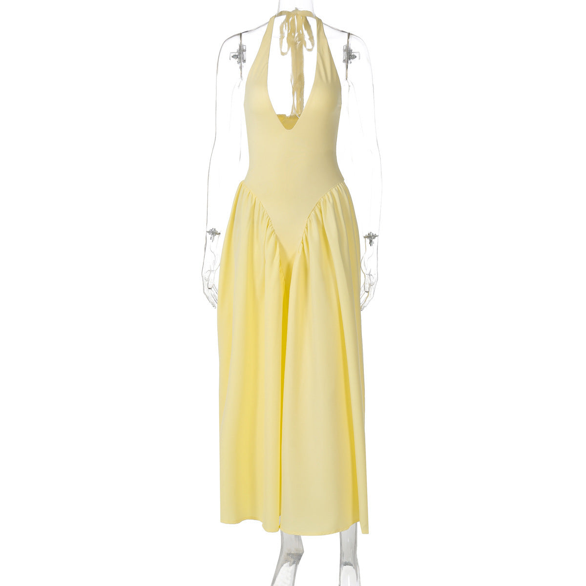 Sexy Deep V-Neck Halter Dress with Hollow Out Detailing – Flared Hem Maxi Dress