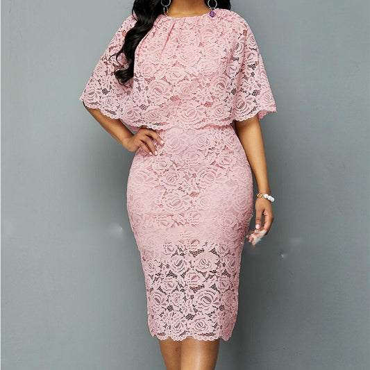 Elegant pink lace dress with floral pattern, hollow details, and a flattering high waist. Features mid-length skirt and five-point sleeves for a fresh, sweet style.
