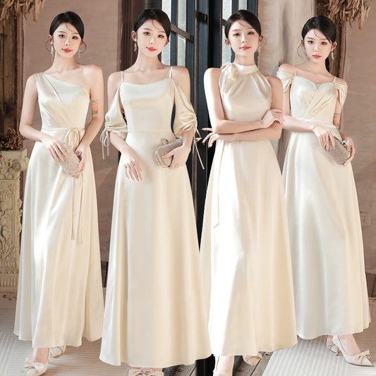 Elegant champagne long dress with mid-waist fit. Available in four styles (A, B, C, D) with sleeveless design and versatile formal wear appeal. Sizes S–XXL.