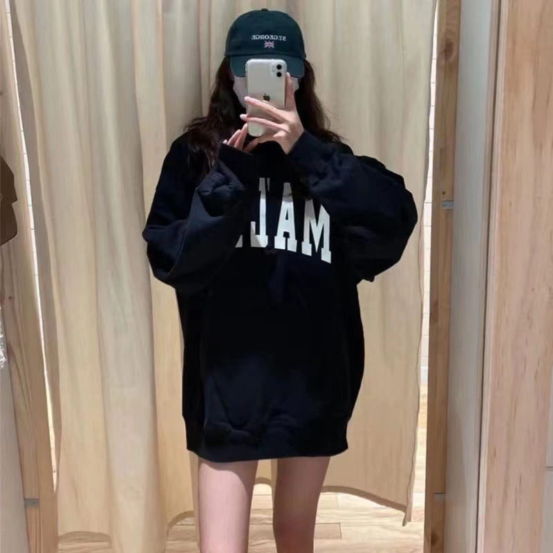 Women’s Loose Fit Cotton Pullover – Black Embroidered Number Design, Long Sleeve Casual Top