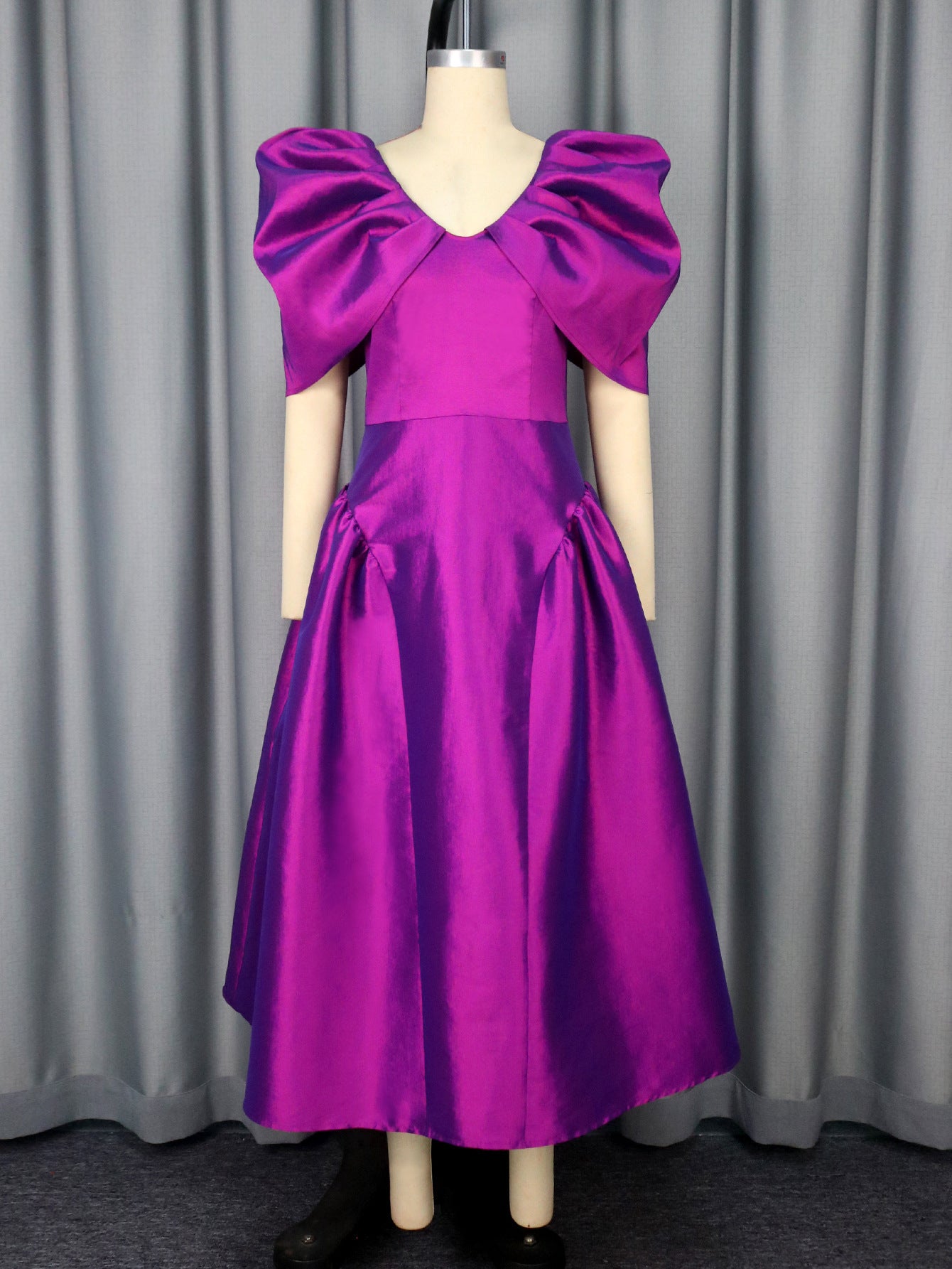 Elegant Purple A-Line High-Waist Dress with Puff Sleeves – S to XXL