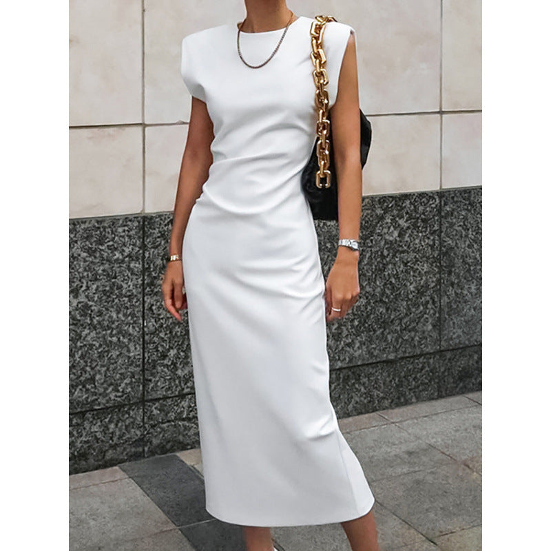 White High Waist Tight Skirt Dress – Zipper Detail Long Dress