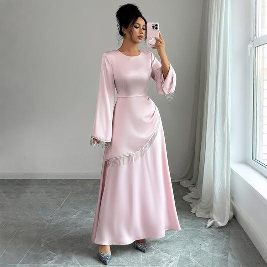 Elegant pink high-waist dress with long regular sleeves. Feminine and flattering, perfect for work or casual events. Lightweight polyester. Sizes S–XL.