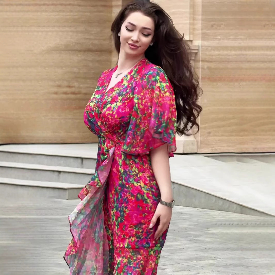 Women's Red Floral Ruffle Sleeve Dress – Sexy Spliced Summer Style