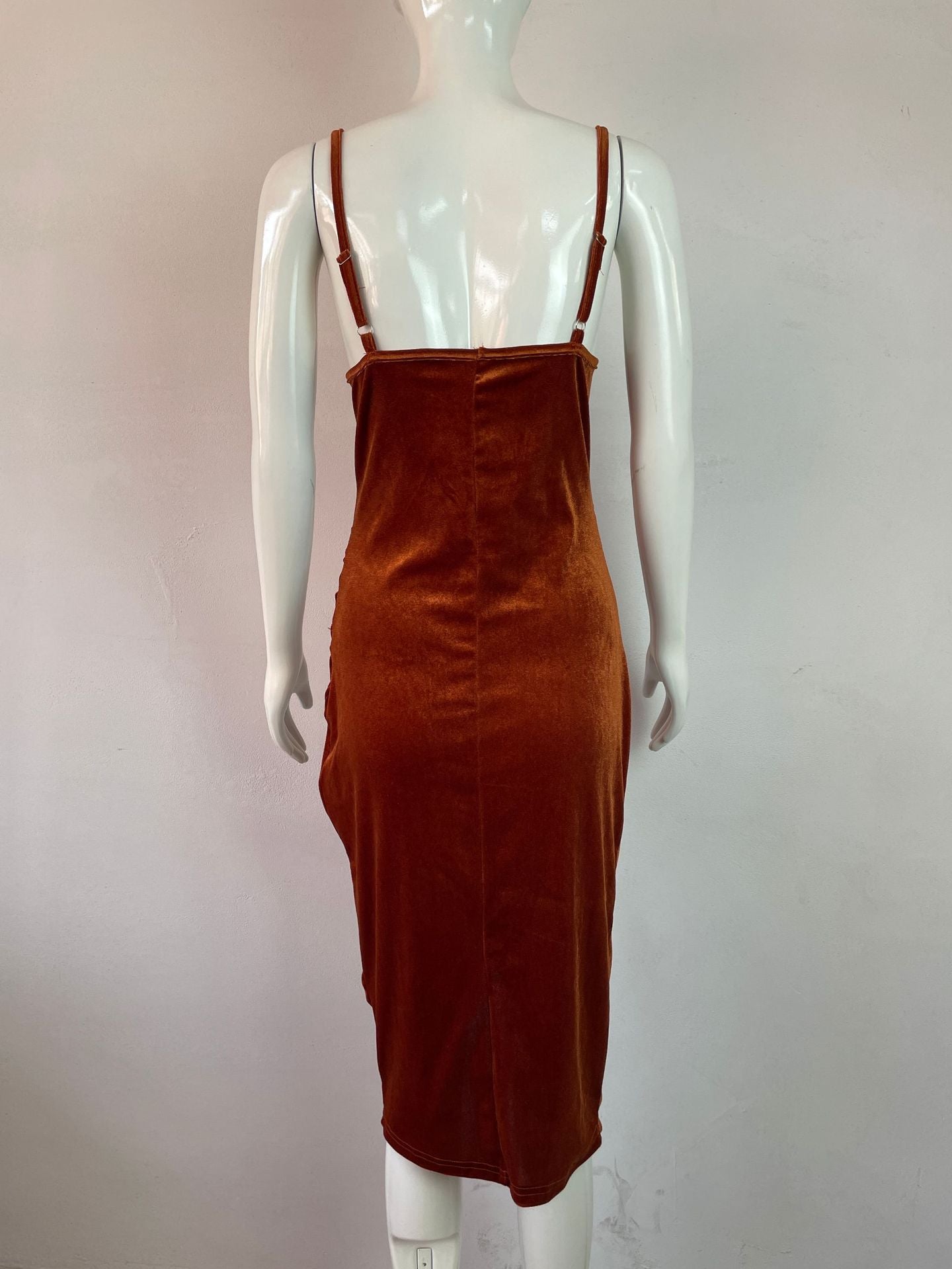 Elegant Korean Velvet Sling Midi Dress – Folded & Stitched Design