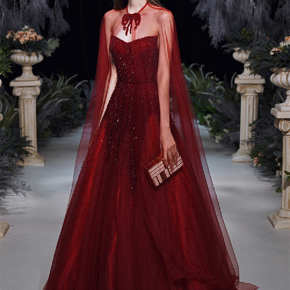 Korean Style Solid Wine Red Long Skirt – Mid Waist, Elegant Design