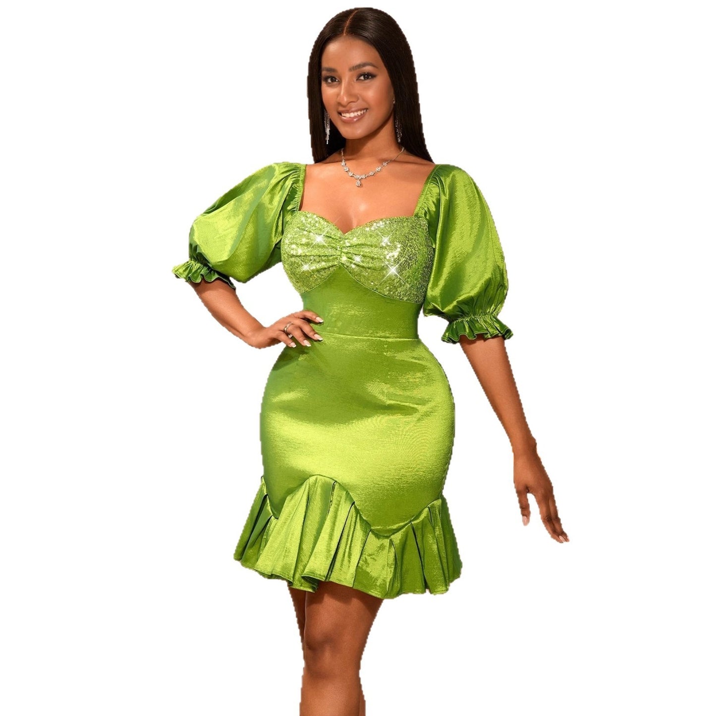 Elegant Mustard Green High-Waist Puff Sleeve Dress – Short Hip Skirt