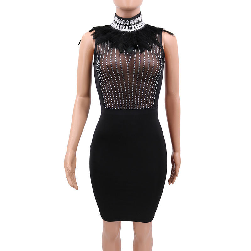 Elegant Beaded Sling Midi Dress – High Waist One-Step Skirt