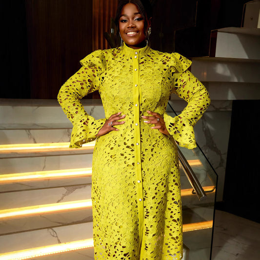 Plus-size A-line dress with lace details, bell sleeves, and hollow design. Available in mustard green and dark blue for adults.