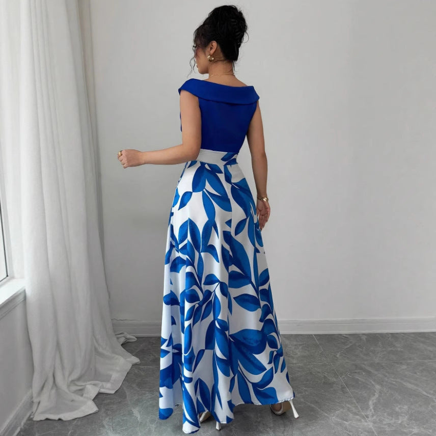 Women's Blue Sleeveless High Waist Long Dress – Elegant Patterned Commute Style