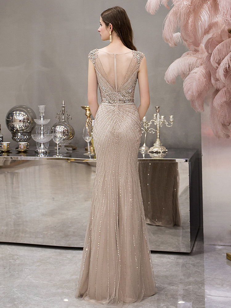 Elegant Sleeveless Fishtail Dress – Mid Waist, Cameo Brown / Gray / Champagne