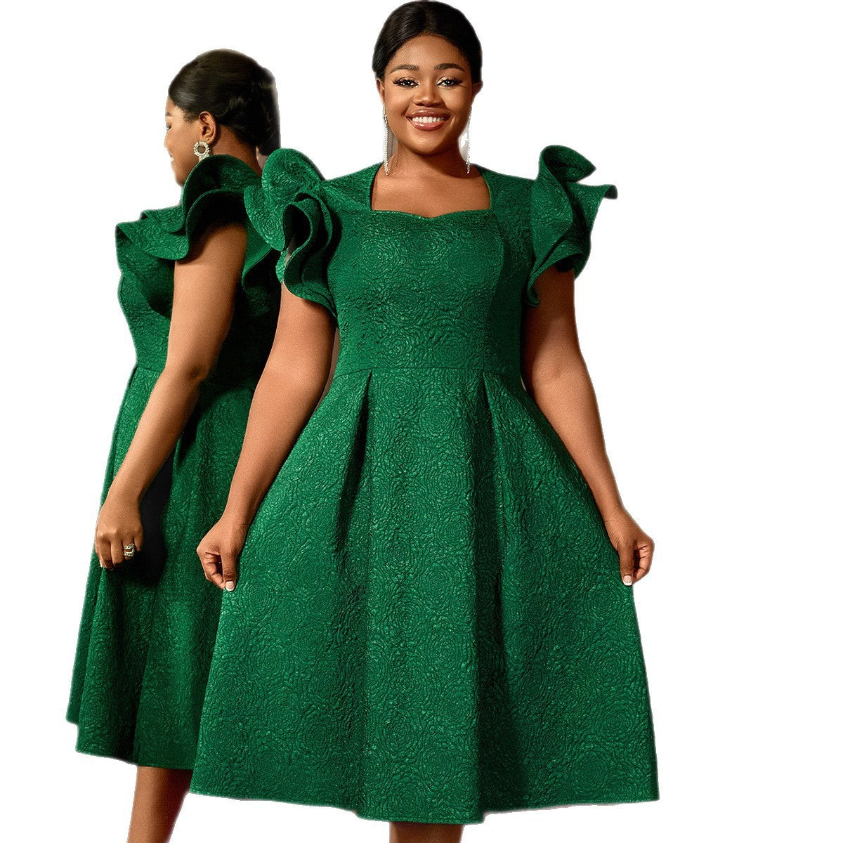 Dark Green Plus-Size Socialite Dress with Ruffled Sleeves Jacquard
