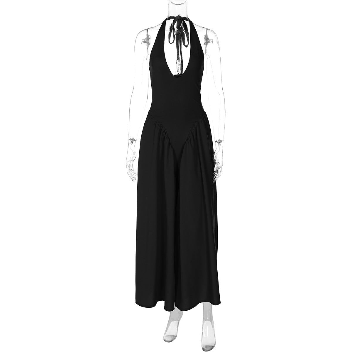 Sexy Deep V-Neck Halter Dress with Hollow Out Detailing – Flared Hem Maxi Dress