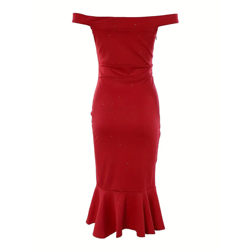 Women's Off-Shoulder Ruffled High-Slit Bodycon Dress – Summer Party Cocktail Dress