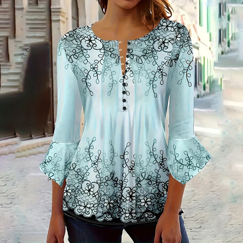 Women's V-Neck 3/4 Sleeve Button Front Tunic Blouse Dressy Casual Tee Top