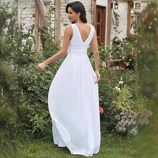 Sleeveless Mid-Waist Long Wedding Dress with Embroidery
