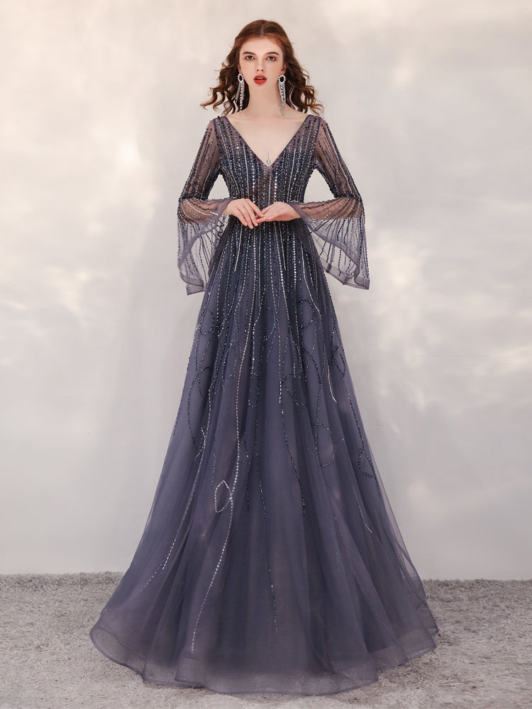 Plain Gray Trumpet Sleeve Dress with Zipper – Mid Waist