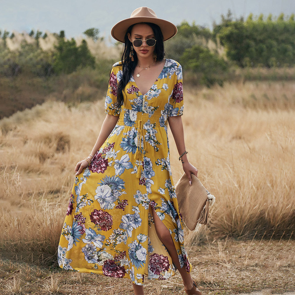 Printed V-Neck Midi Dress – High Waist Flowy Hem Dress with Short Sleeves