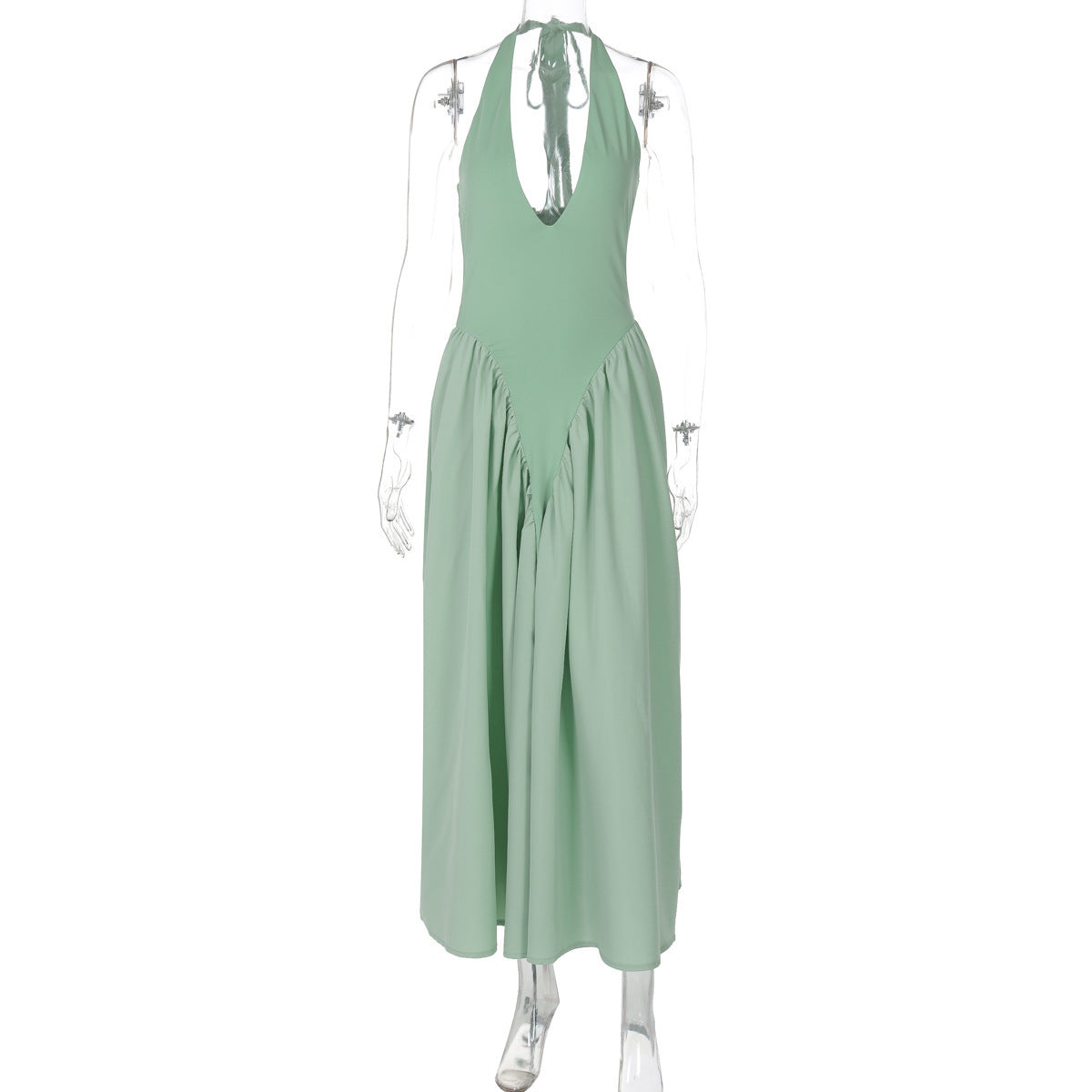 Sexy Deep V-Neck Halter Dress with Hollow Out Detailing – Flared Hem Maxi Dress