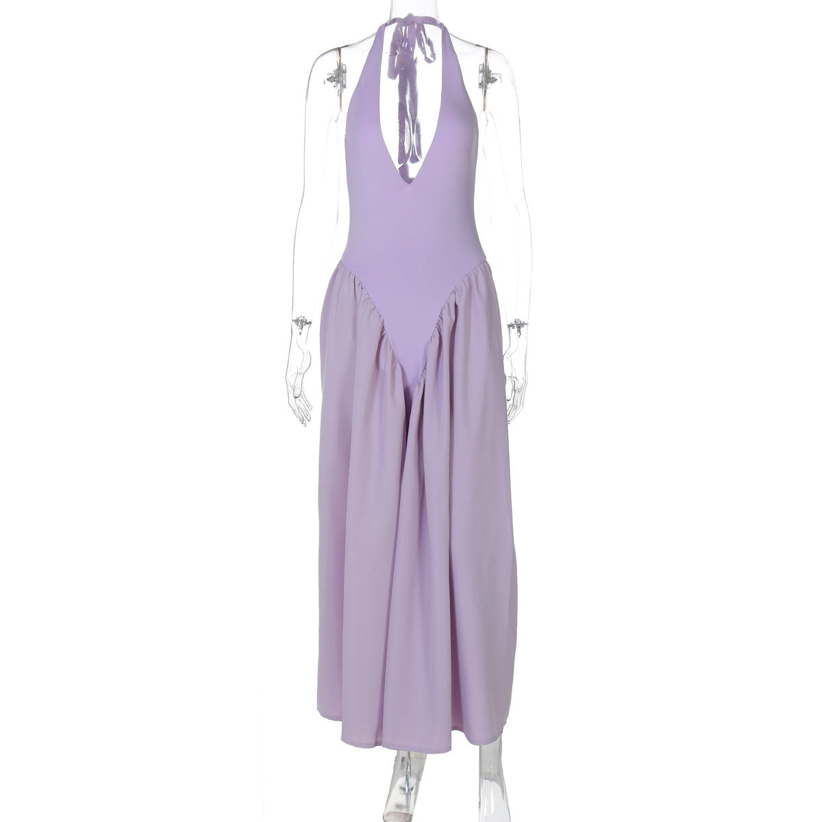 Sexy Deep V-Neck Halter Dress with Hollow Out Detailing – Flared Hem Maxi Dress