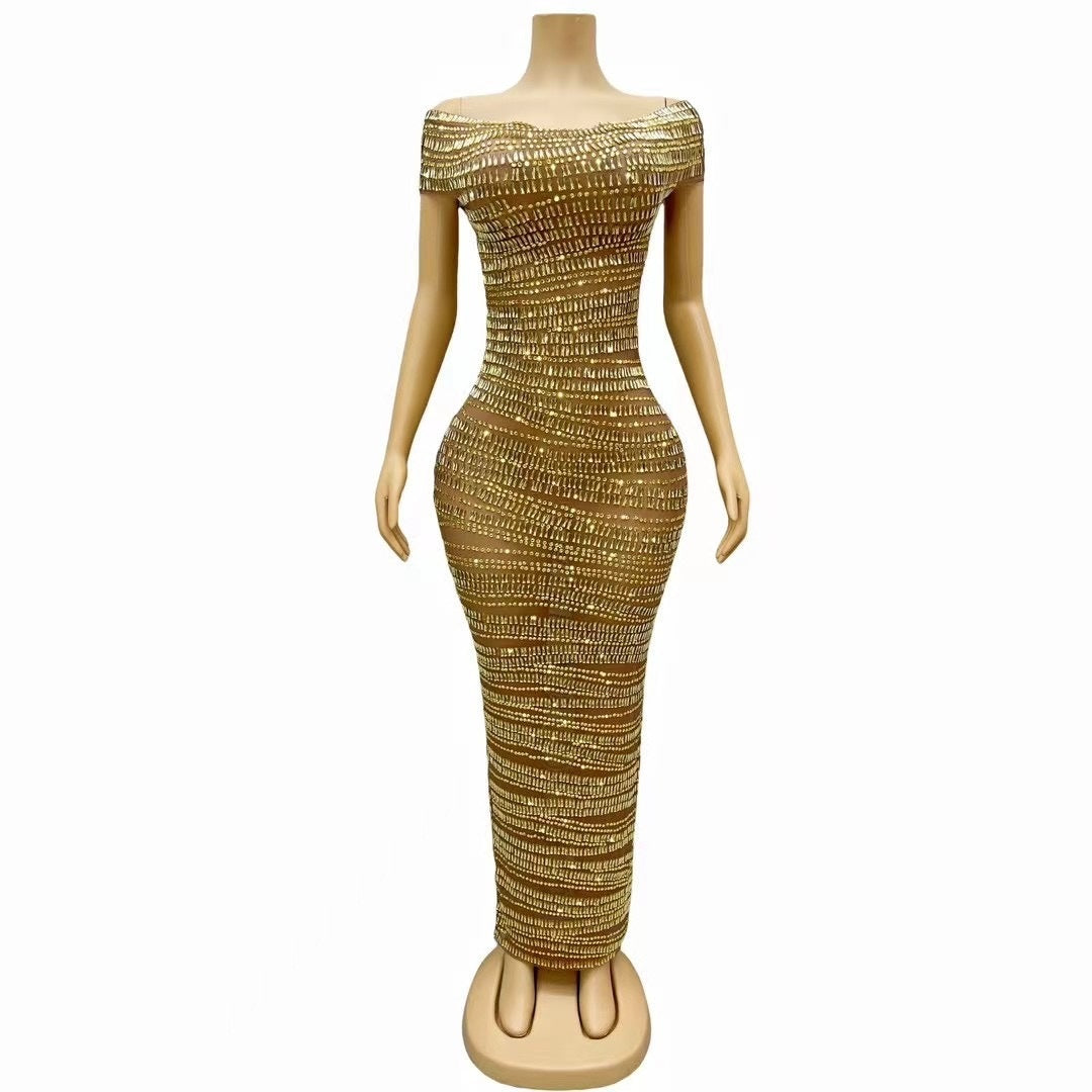 Gold Hip Skirt Long Dress with Rhinestones – European & American Style