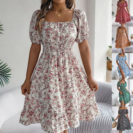 Stylish floral ruffle dress with a flattering high waist and short sleeves. Made from soft polyester. Available in 6 vibrant colors. Comfortable and chic.