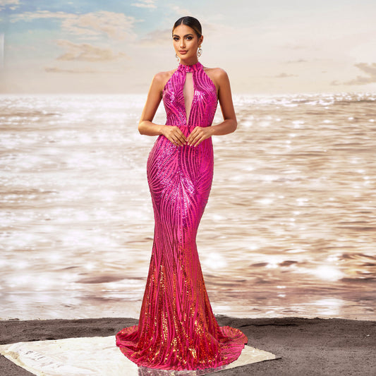 Stunning rose red polyester dress with a flattering high waist and sparkling sequin details. Features a sleeveless design, elegant hip skirt style, and long length – perfect for formal events or evening glamour.