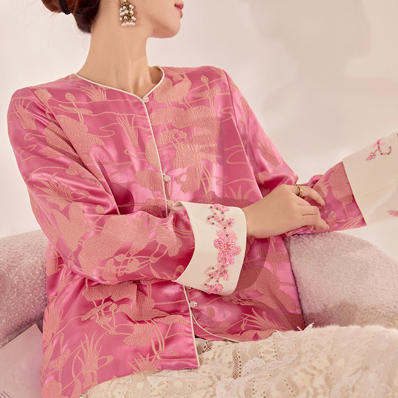 Women’s Pink Silk Blouse – Chinese Style Art Retro Top with Floral Embroidery & Beading