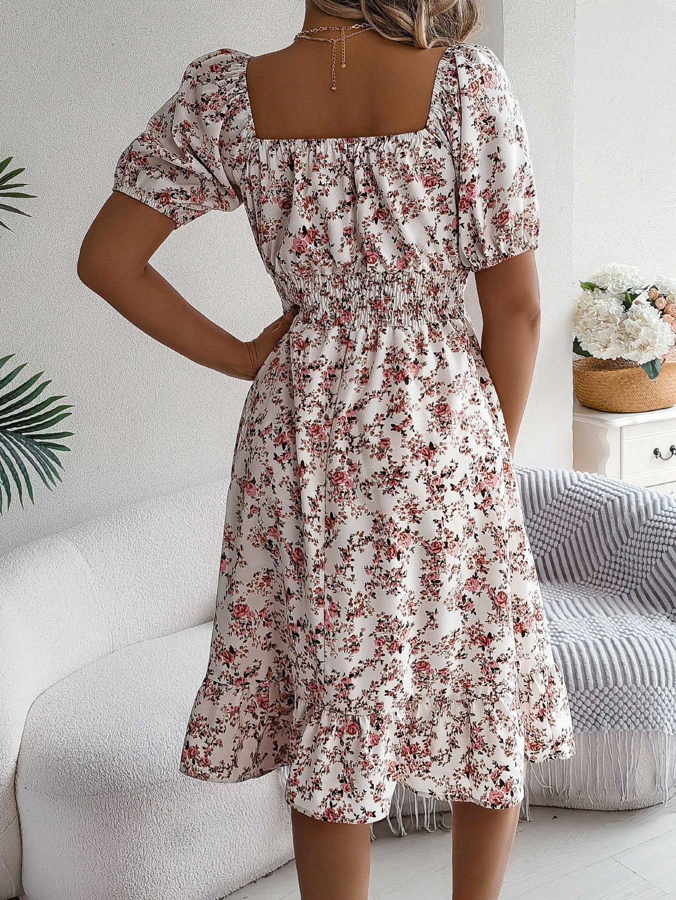 Floral Ruffle High Waist Dress – Short Sleeve Polyester Summer Dress