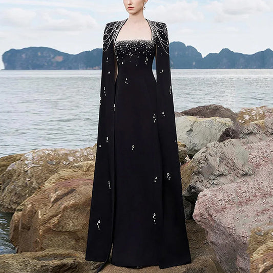 Elegant long cotton dress with diamond details. Ideal for parties, weddings, and dinners. Available in black, white, and red, sizes S–XXXL.