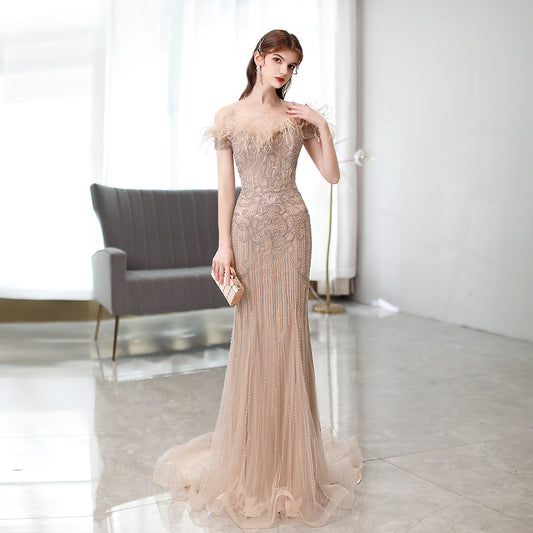 Elegant lotus root pink princess dress with a solid color design, regular sleeves, and zipper closure. Perfect long skirt style for weddings, parties, and formal events.