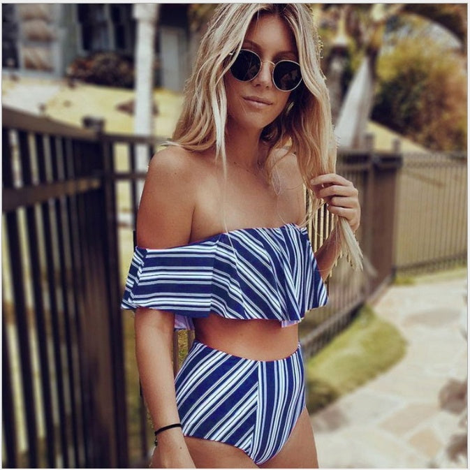 Women’s Black & White Striped Bikini Set – Strapless Ruffle Top & High-Waist Bottoms